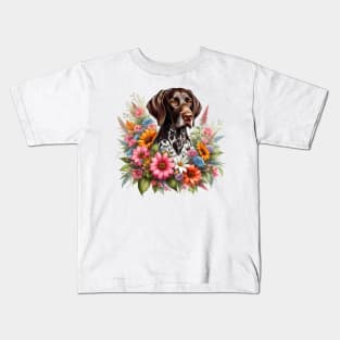 A German shorthaired pointer with beautiful colorful flowers Kids T-Shirt